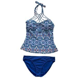 Leilani Swimsuit Halter Tankini Top Bikini Bottoms Vacation Summer Size 12 Blue